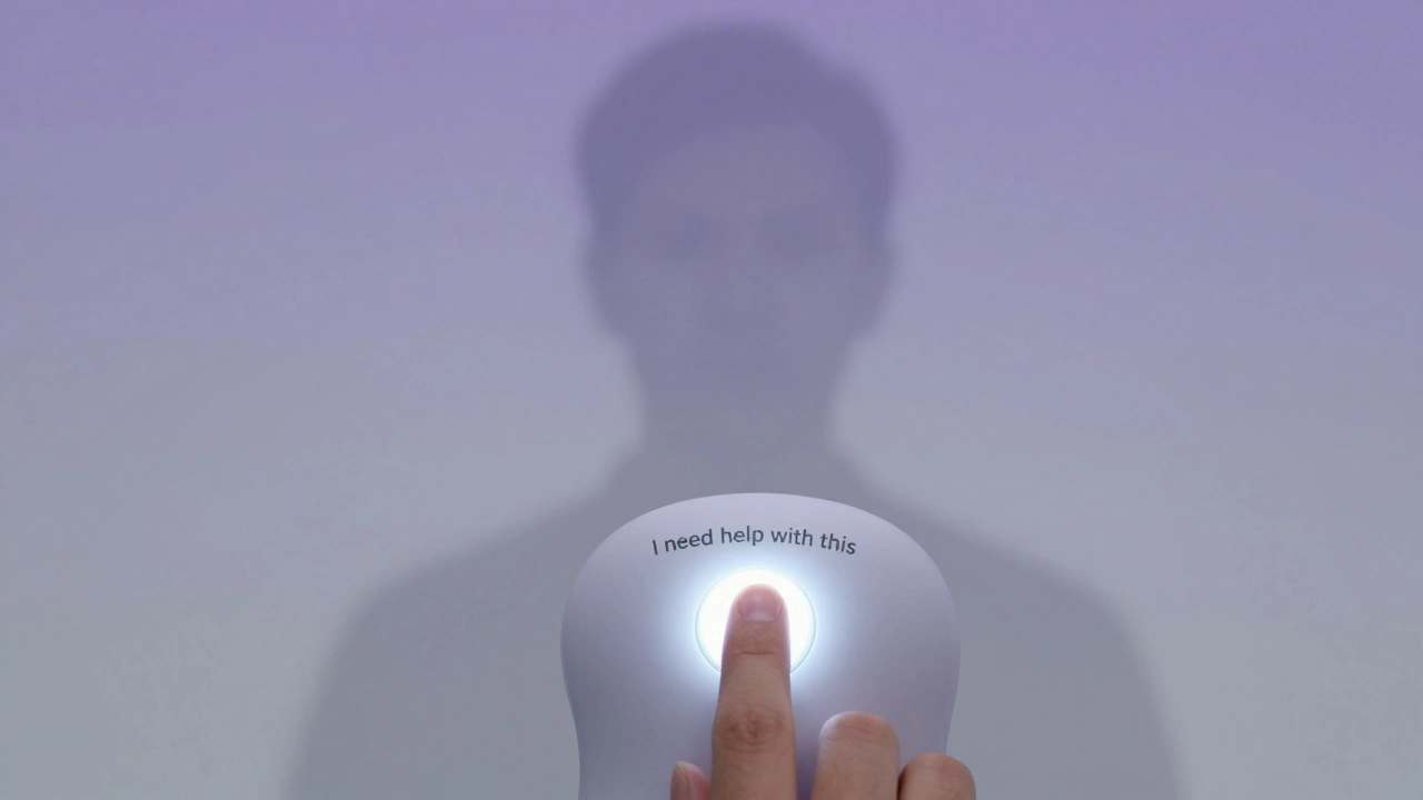 A hand pressing a gentle &#039;I need help with this&#039; button, with a kind moderator’s silhouette in the background, abstract and calm.