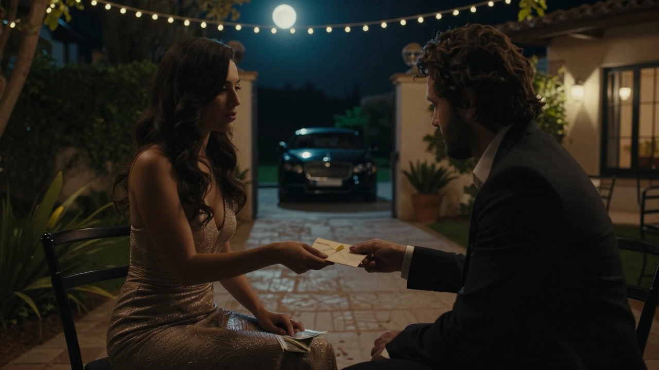 A shadowy figures exchanging cash in a private villa garden, with a luxury car waiting outside, evoking discretion and risk.