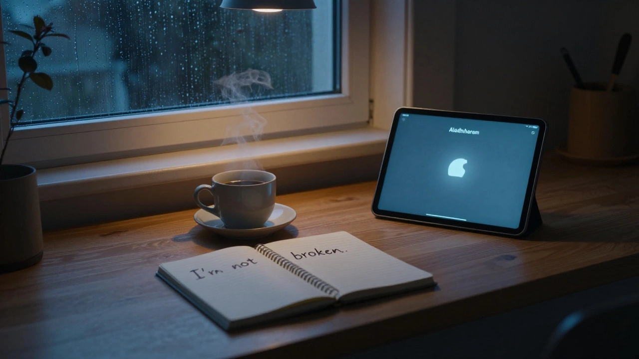 An empty kitchen table at twilight with a coffee cup and notebook, rain on the window, a quiet interface glowing softly.