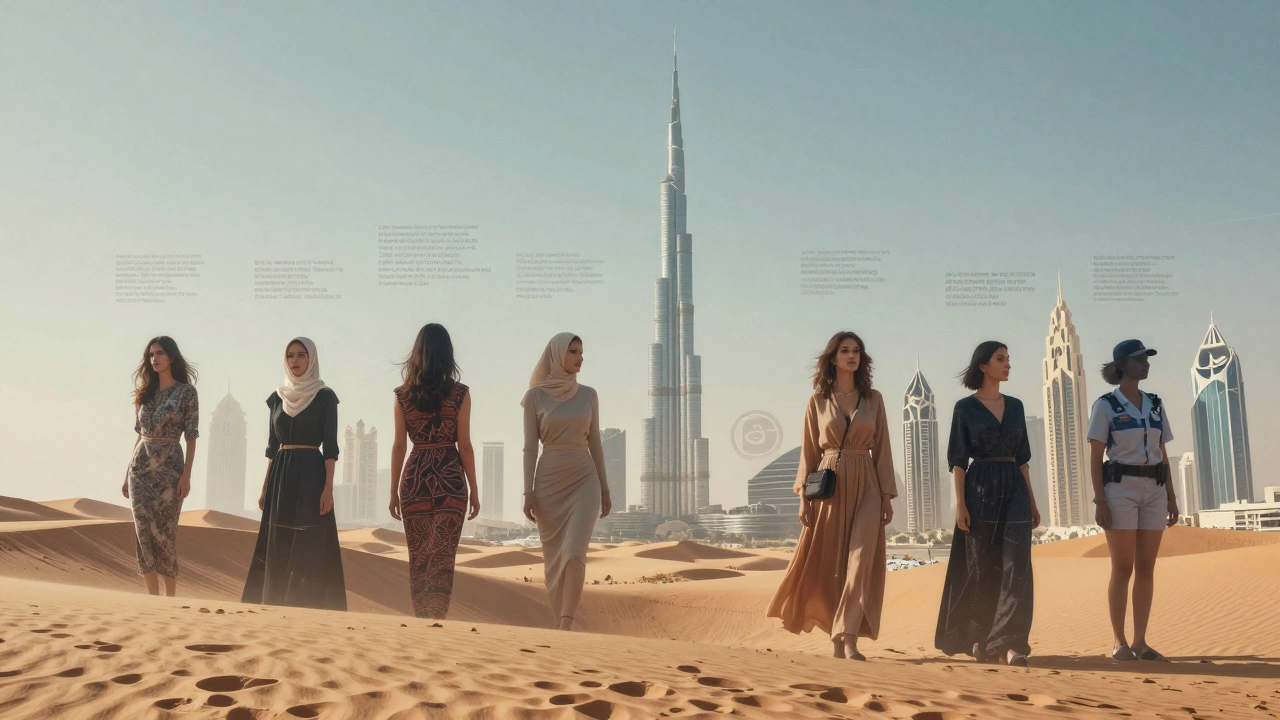 Dubai&#039;s landmarks fading into silhouettes and digital symbols, representing the hidden dangers of the underground escort scene.